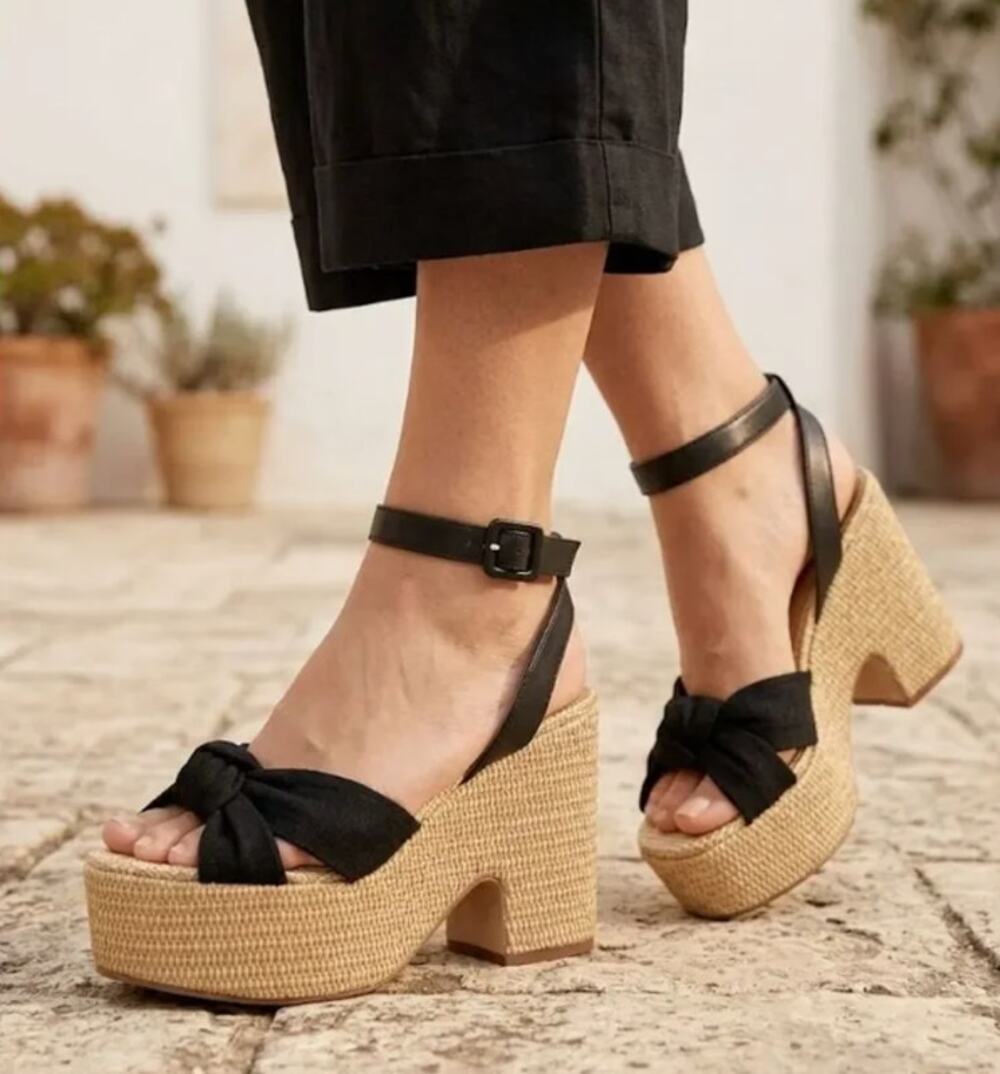 Sam Edelman Black Bow Chunky Retro Boho Vacation Espadrille Sandals Size 8
